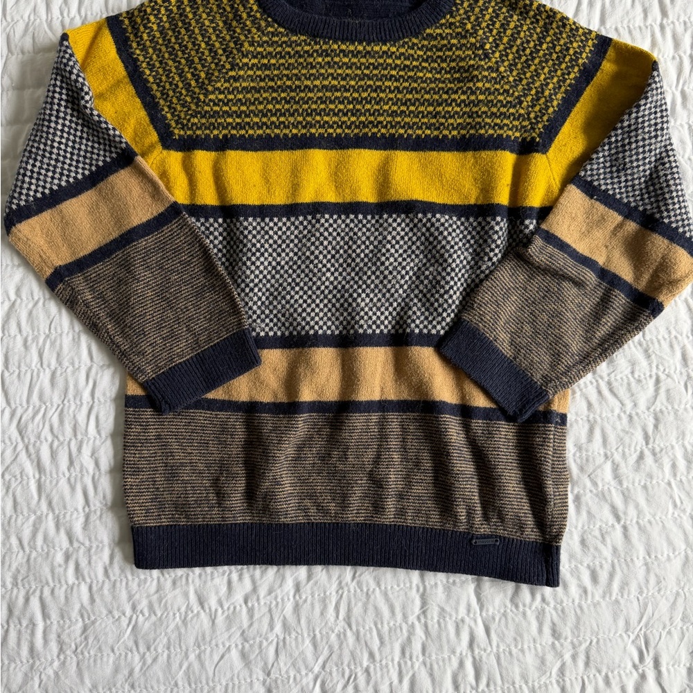 Mayoral Striped Knit Sweater in Yellow, Navy & Brown